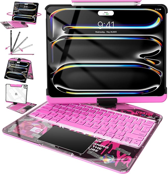 Intermerge iPad Pro 11-inch (M4, 2024) Transparent Keyboard Case, 360° Rotating Multi-Touch Trackpad, 7-Color Backlit Keyboard, Pencil Holder, Type-C Charging, Blush Pulse