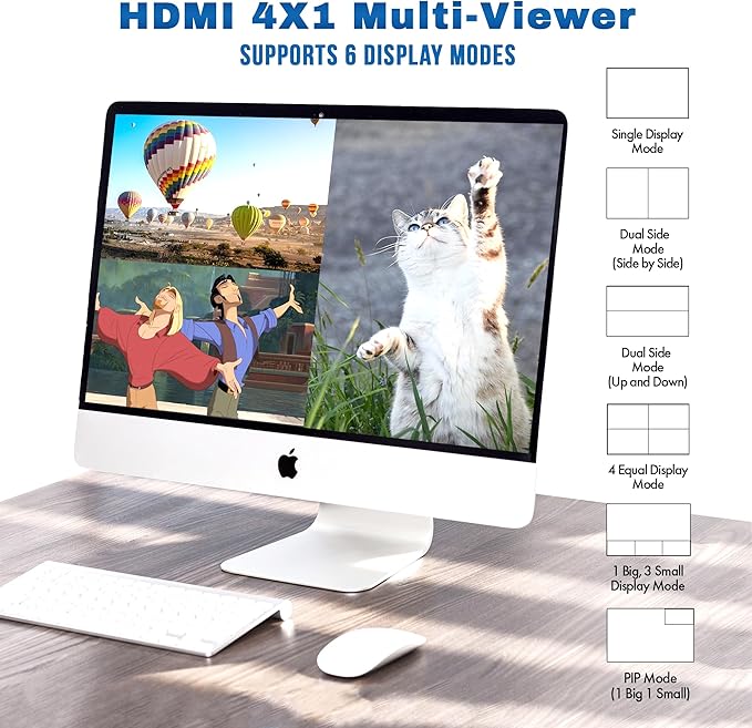 J-Tech Digital 4K HDMI Multiviewer Switch 4 in 1 Out, 4x1 4K 30Hz HDMI Quad Multiviewer Seamless Switcher with PiP, 6 Viewing Modes, Audio Extraction via Optical 3.5mm (JTECH-MV41AE)