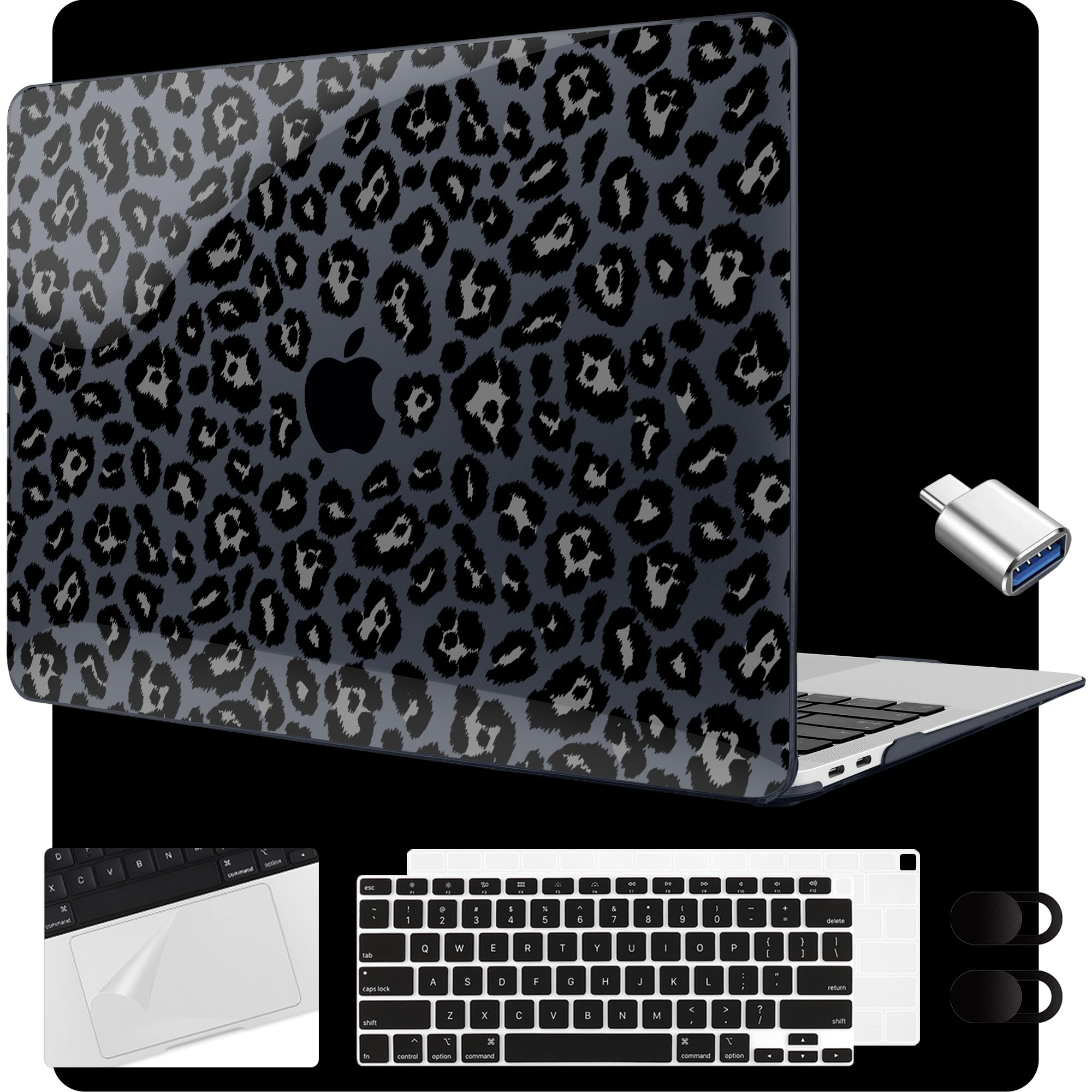 MEEgoodo for MacBook Air 13.3 inch Case 2021 2020 2019 2018 A2337 M1 A2179 A1932, Laptop Shell for MacBook Air M1 with Keyboard Webcam Cover & Trackpad Film & Type C Adapter,Snow Leopard Texture