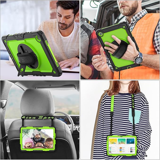 SEYMAC stock Case for Samsung Galaxy Tab A9 8.7'', Full-Body Drop Protection Case with Screen Protector Pencil Holder [360° Rotating Hand Strap] &Stand, Green+Black