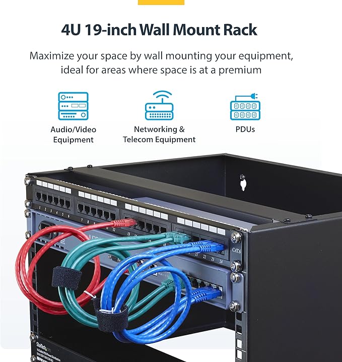 StarTech.com 4U Wall Mount Network Rack - 14 Inch Deep (Low Profile) - 19" Patch Panel Bracket for Shallow Server and IT Equipment, Network Switches - 44lbs/20kg Weight Capacity, Black (WALLMOUNT4)