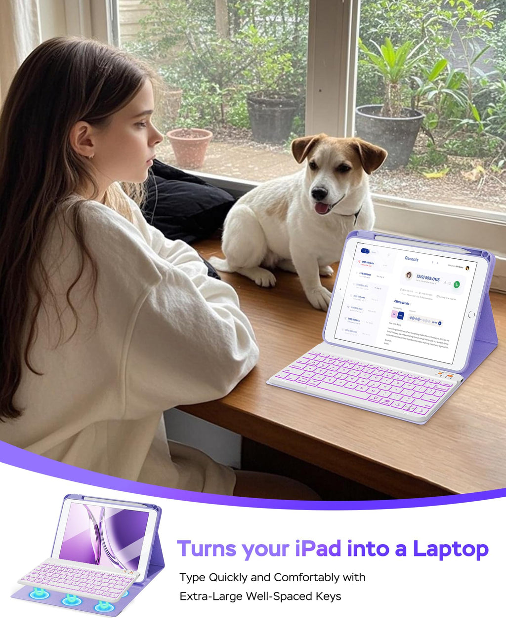Senyoson Keyboard Case for iPad 9th 8th 7th Generation 10.2" - 7 Colors Backlit Detachable Folio Keyboard Cover with Pencil Holder for iPad Pro 10.5" / iPad Air 3rd Gen (Purple)