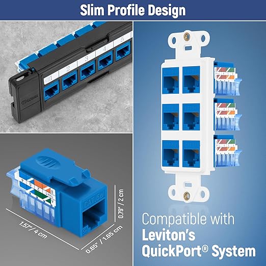 Everest 45° Angled RJ45 Cat5e Keystone Jacks 50-Pack in Blue - Slim Profile Female RJ45 Connectors - Cat 5e Keystone Jack - Compatible with 45° Angled Speed Termination Tool - 45Term (B0BL3GS7ZY)