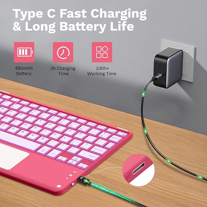MoKo Touch Keyboard Case for iPad (A16) 11th Generation 11 inch 2025, iPad 10th Generation 10.9 inch Case with Pencil Holder, 7 Colors Backlit Multi-TrackPad Detachable Bluetooth Keyboard, Pink