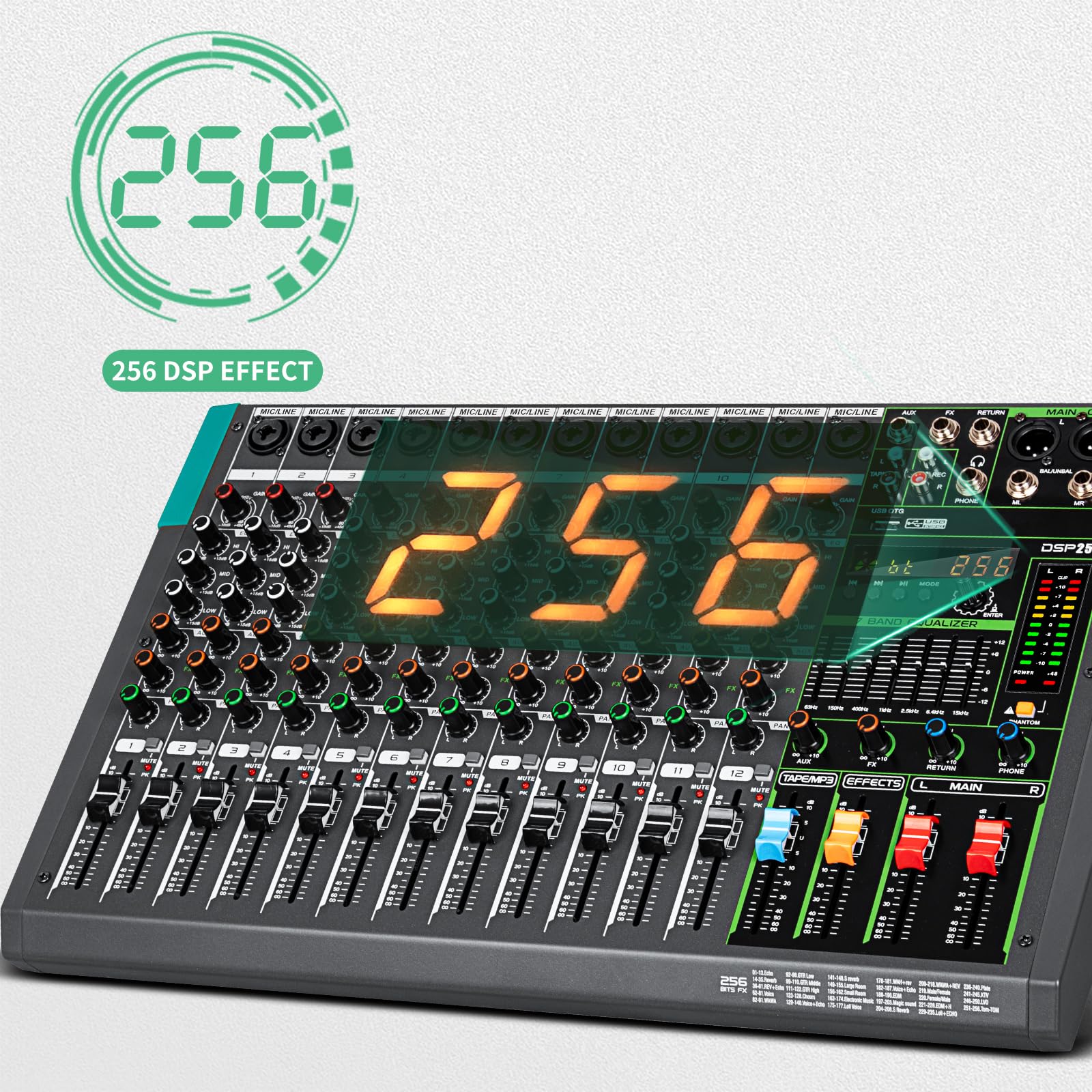 Depusheng PA12 Professional Audio Mixer Sound Board Console Desk System Interface 12 Channel Digital USB Bluetooth MP3 Computer Input 48V Phantom Power Built-in 256 Reverb Effect, Black