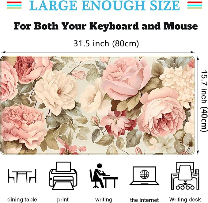 Cute Floral Desk Mat Pastel Roses Gaming Mouse Pad XXL Large Extended Flowers Desk Pad, Laptop Keyboard and Mouse Mat with Stitched Edges, Women Computer Desktop Mat Gamer Playmat 31.5x15.7 in