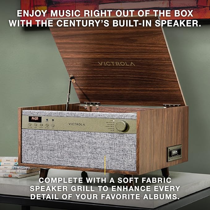 Victrola Century 6-in-1 Vinyl Record Player & Music Center – 3-Speed Turntable, CD & Cassette Player, VINYLSTREAM, Bluetooth & 3.5mm Aux, Record Player with Speakers, Mid Century Design (Walnut)