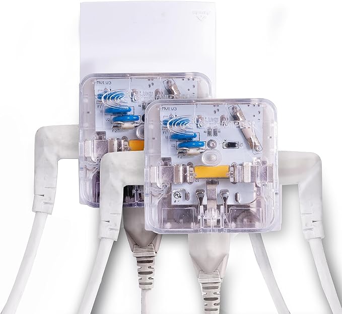 Clamper 3-Outlet Surge Protector 1800 Joules, 1875W, for TV, PC, Xbox, PS5, Refrigerators and Other Appliances (Compact Wall Surge Protector), iCLAMPER Power 3, 2-Pack Clear