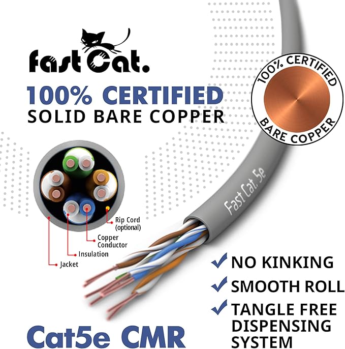 fast Cat. Cat5e Ethernet Cable 1000ft - 24 AWG, CMR, Insulated Bare Copper Wire Cat 5 ethernet Cable with FastReel - 350MHZ / Gigabit Speed UTP Cable Cat5e - CMR (Pink)