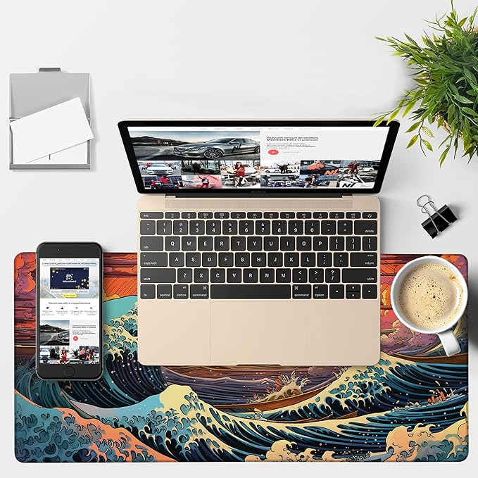 Gaming Desk Pad Large Extra Length Japanese Blue Waves Mouse Pad Keyboard Laptop Non-Slip Waterproof with Rubber Base Thick Stitched Edge Mouse Mat for Office Home 35.4 x 15.7 Inches