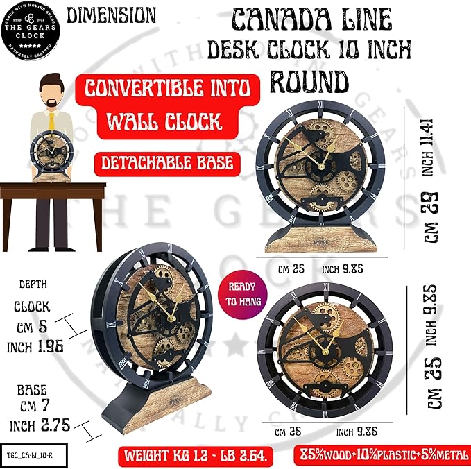 The Gears Clock Desk Clock 10 inches with Real Moving Gears Convertible into Wall Clock (Red Lava)