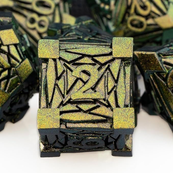 7PCS Metal DND Dice Set with Box, Debris RPG D and D Dice for use with D&D Tabletop Games Role Playing Game Polyhedral Dice Set D20 D12 D10 D8 D6 D4