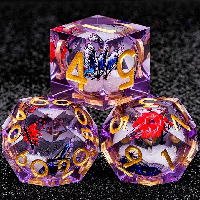 Butterfly DND Dice Purple Liquid Core Dice Set with Metal Box, Handmade Sharp Edge D and D Polyhedral Dice for use with D&D Role Playing Game, D20 D12 D10 D8 D6