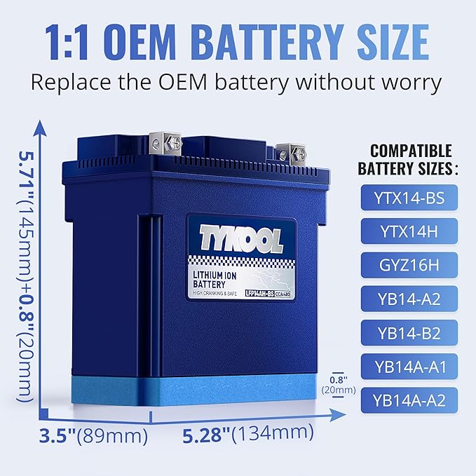 TYKOOL YTX14AH-BS High Performance LiFePO4 Lithium ATV Battery,12V 8Ah,480CCA,5X Longer Life,Digital Readout,Fits for Polaris Sportsman 500 ATV,UTV,Motorcycle, Snow mobile,Polarity:[+ -]