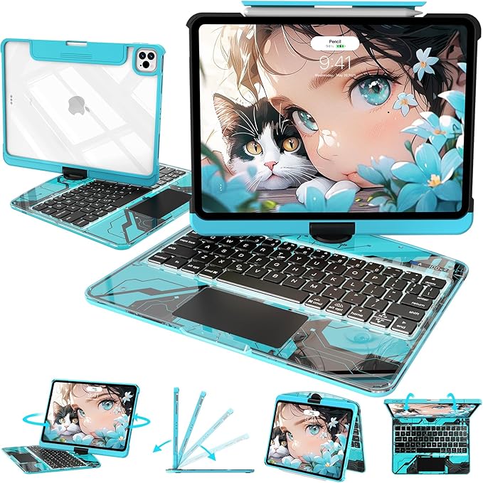 Intermerge Clear Keyboard Case for iPad Pro 11" (M4) 2024 Only, 360° Swivel Multi-Touch Trackpad, 7-Color RGB Backlit, Pencil Holder, Type-C, Power Indicator, Aqua Pulse