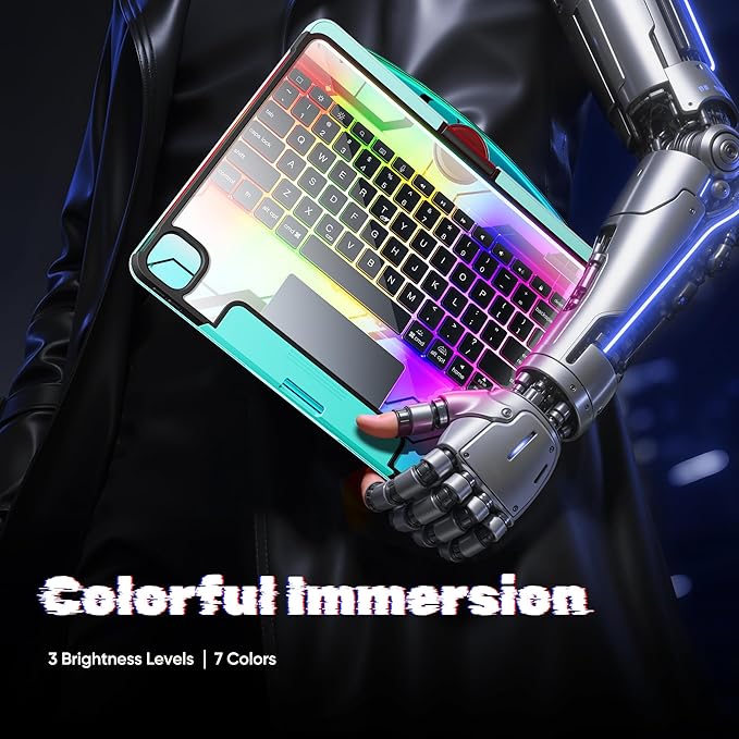 KITONE Transparent Case with Wireless Keyboard for iPad 10.2-in (7th, 8th, and 9th Gen), 7 Colors Backlight, Trackpad, 360°Rotating Stand, Tech Style