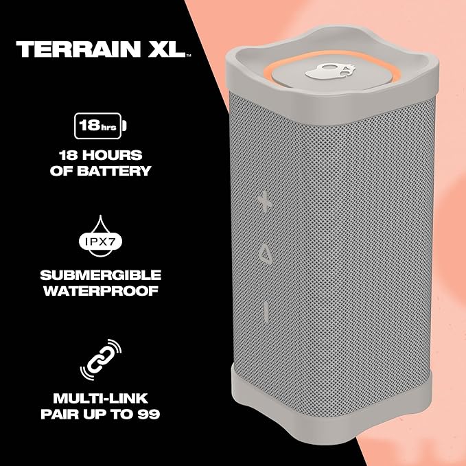 Skullcandy Terrain XL Wireless Bluetooth Speaker - IPX7 Waterproof Portable Speaker, 18 Hour Battery, Nylon Wrist Wrap, True Wireless Stereo (Bone)