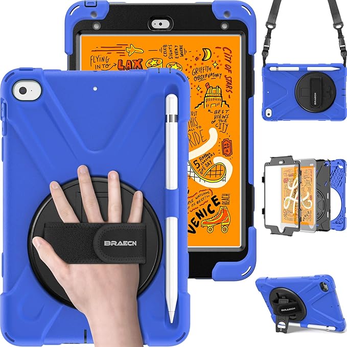 BRAECN iPad mini 5 Case,iPad mini 4 Case, Heavy Duty Shockproof Protective Rugged Case with Pencil Holder,Hand Strap,Kickstand, Shoulder Strap for iPad mini 5th/4th Generation 7.9 Inch for Kids