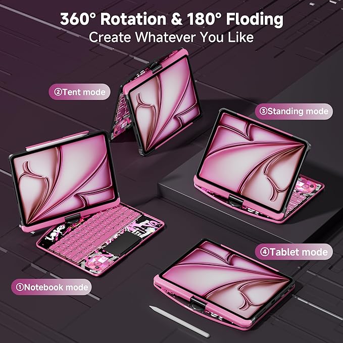 iPad Keyboard Case for iPad 10th Gen (2022) & 11th (A16, 2025), Magic Wireless Keyboard with Trackpad 7 Color Backlit, 360° Rotating Stand Transparent Protective Cover with Pencil Holder (Pink)