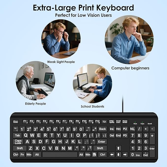 Large Print Computer Keyboard, Wired USB Full Size Quiet Keyboard with 4X Oversized Print Letters for Visually Impaired Low Vision Individuals Easy to See and Type for PC, Laptop,Windows