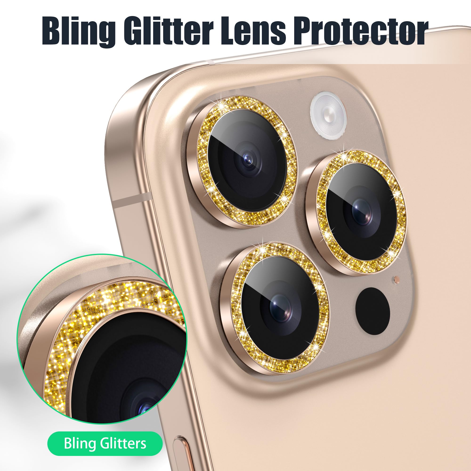 AGVEE 16 Pro & Max 3+3 6 Pack for iPhone 13 6.1" / 13 Mini 5.4" Camera Lens Protector, Bling Diamond & Bling Glitter Metal Ring 9H Tempered HD Glass Camera Cover Film, Glitter-Desert