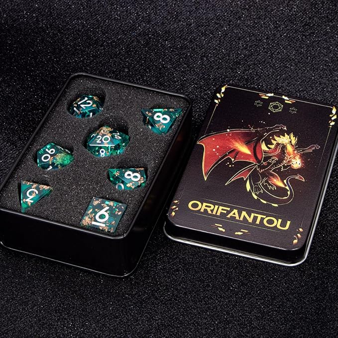 DND Dice Green Liquid Core Dice Set with Metal Box, Handmade Sharp Edge D and D Polyhedral Dice for use with RPG D&D Role Playing Game