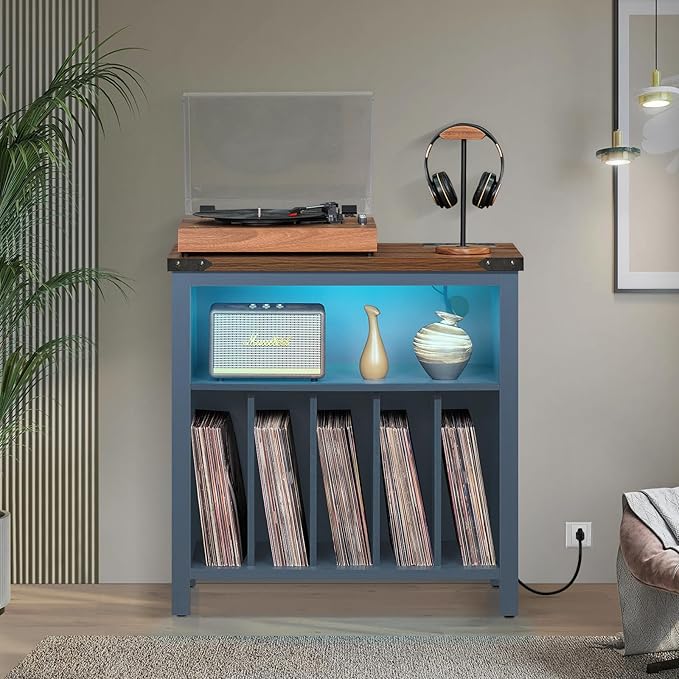 Large Record Player Stand with Charging Station & LED Lights, Vinyl Records Storage Holder Cabinet Holds up to 230 Albums, Turntable Stand for Music Room, Bedroom, Living Room, Office (Blue)