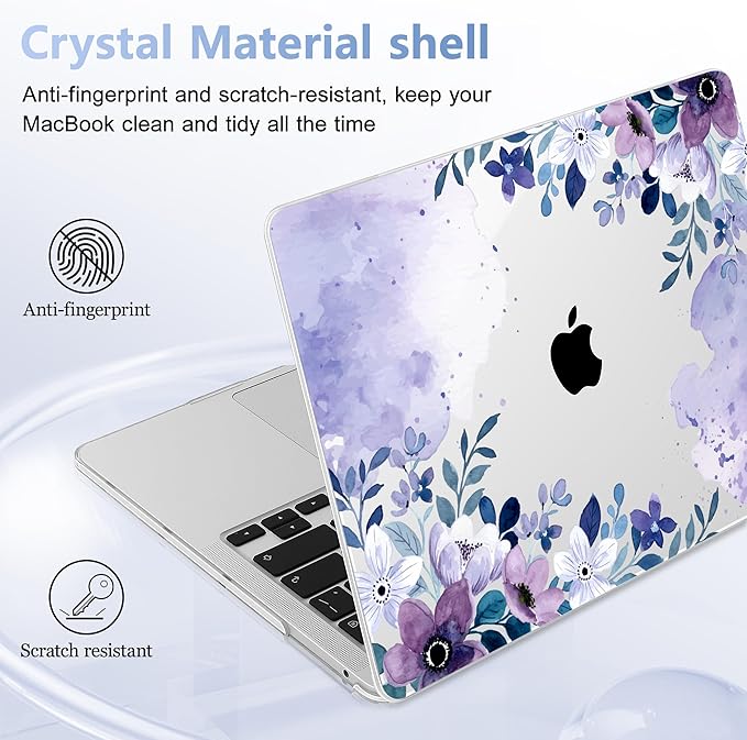 May Chen Compatible with MacBook Pro 13 inch Case 2022 2021 2020 Release Models A2338 M2 M1 A2251 A2289, Plastic Hard Shell Case for MacBook Pro 13 Inch with Touch Bar, Watercolor Purple Floral