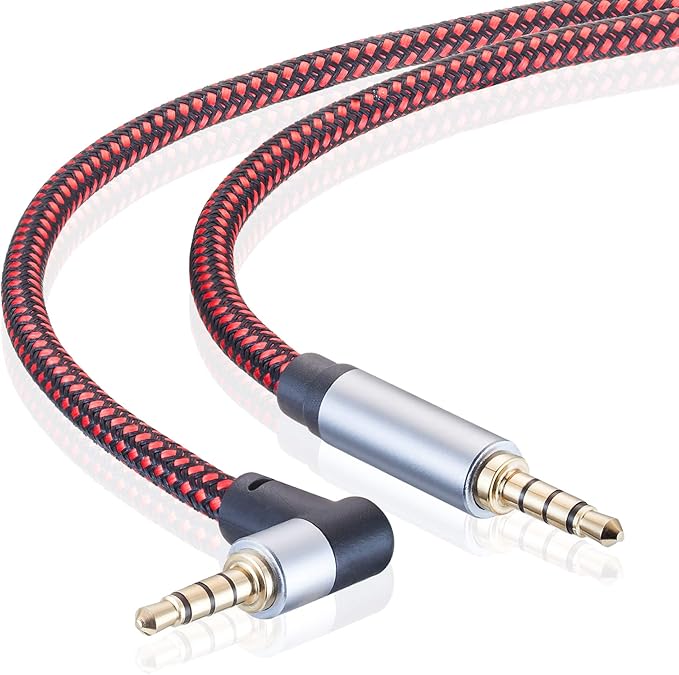 Male to Male Audio Cable 20Ft, 90 Degree TRRS 3.5mm 4 Pole Nylon Braided Stereo Aux Cable for Headphones, PS4, Phone, Tablets, Headset, PC, Laptop and More (20Ft)