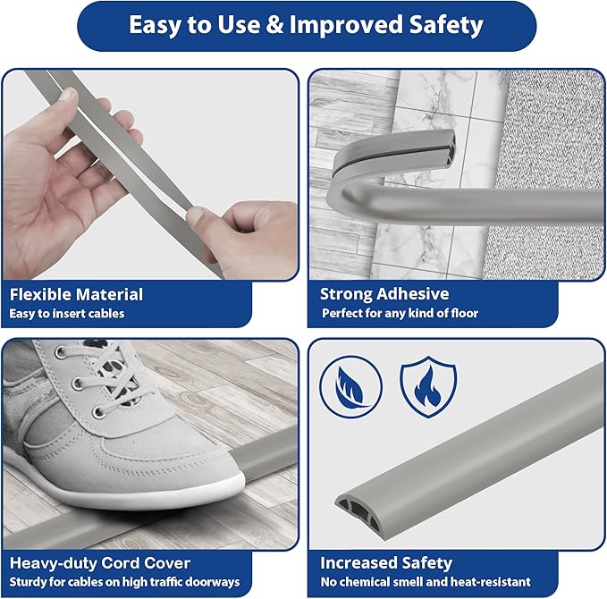 Floor Cord Cover 10ft, Cord Hider Floor Grey, Cable Management Prevent Trips, Cable Cover Wire Covers for Electric Power Cords, Wire Protector Cavity W0.47in x H0.28in