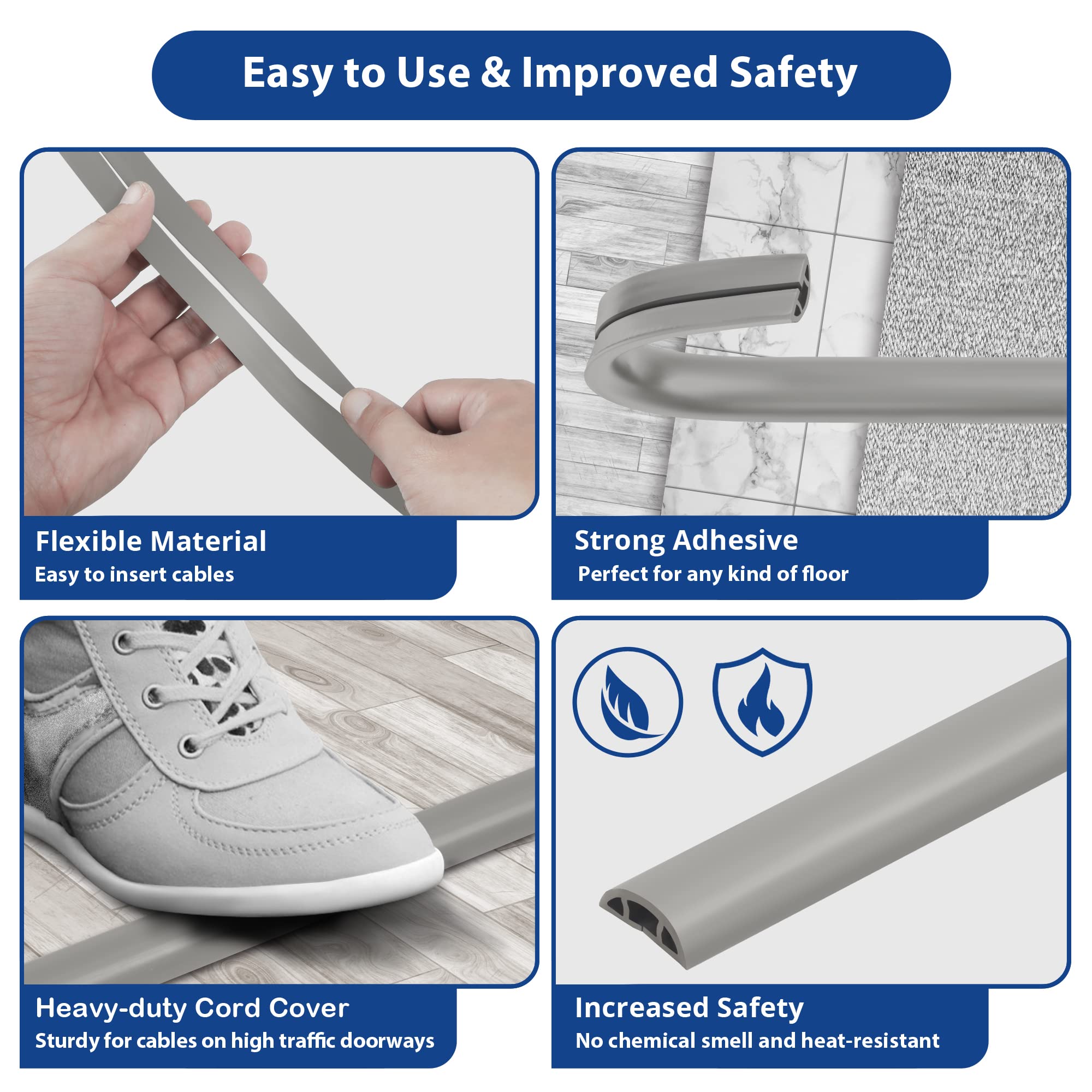 Floor Cord Cover 10ft, Cord Hider Floor Grey, Cable Management Prevent Trips, Cable Cover Wire Covers for Electric Power Cords, Wire Protector Cavity W0.47in x H0.28in