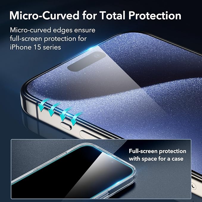 ESR 3+1 Pack for iPhone 15 Pro Max Screen Protector, [9H Hardness] [Military Grade Shatterproof] Full Coverage Ultra-tough Tempered Glass Film, Easy Installation Frame, 1 Set of Camera Lens Protector