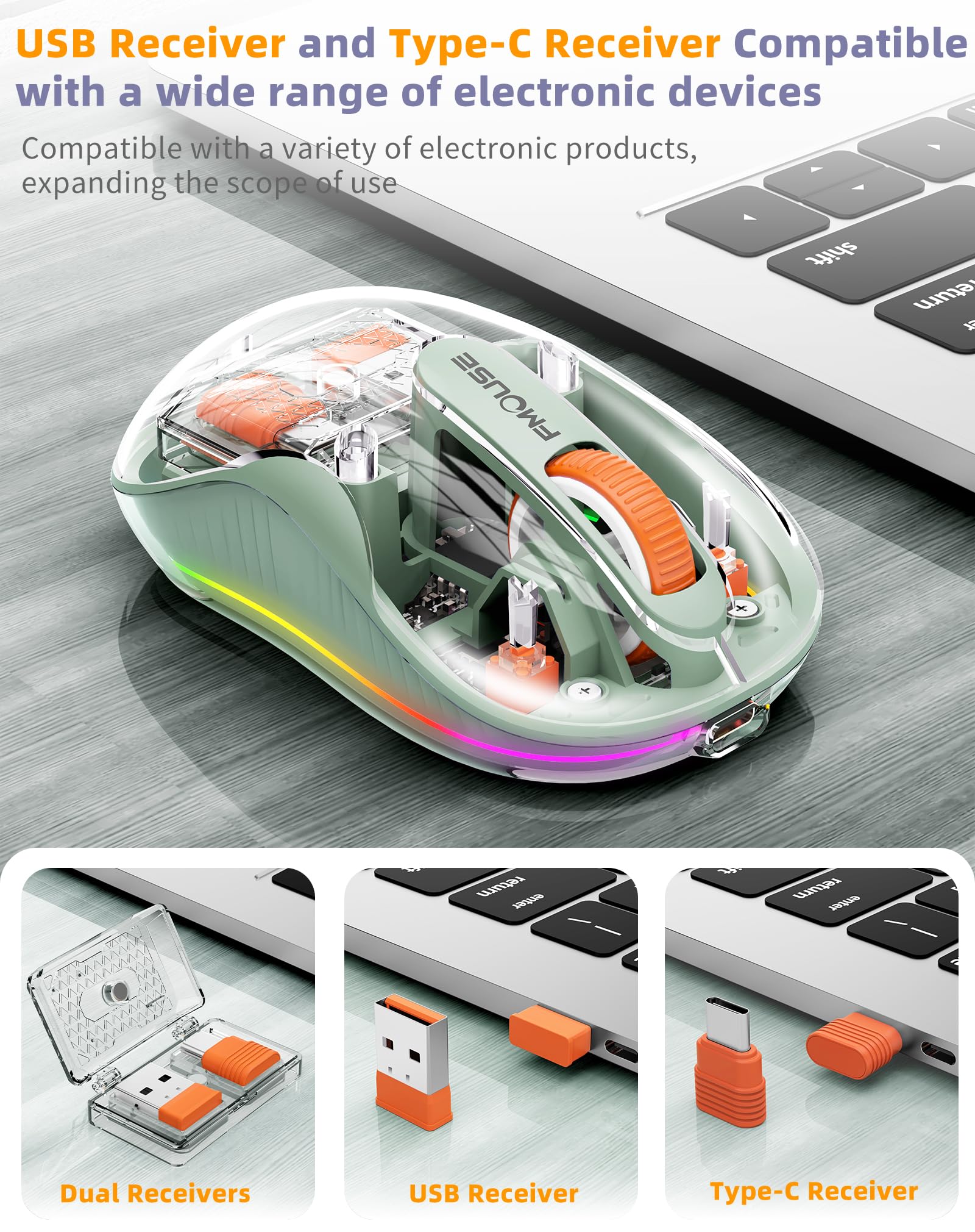 Bluetooth Wireless Mouse, Transparent RGB Tri-Modes Mouse,Bluetooth & 2.4GHz for Multi Device, USB-C Receiver Ideal for MacBook/Laptops, Rechargeable, Silent, Portable, Cool LED, Ergonomic - Green