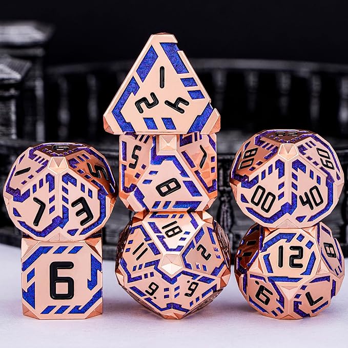 Metal DND Sci-fi Dice Set 7PCS Stripe Polyhedral Dice for Dungeons Dragons RPG Role Playing Game, Glitter D and D Dice with Gift Box D6 D8 D10 D12 D20 (Copper Blue)
