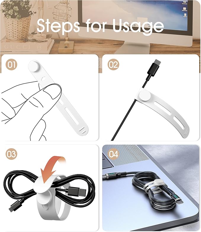 20Pcs Nearockle Reusable Cable Ties, Adjustable Silicone Cord Organizer Small Zip Ties for Charging Cords Earphone Computer Wire, Office Desk Cable Management Travel Accessories(White)