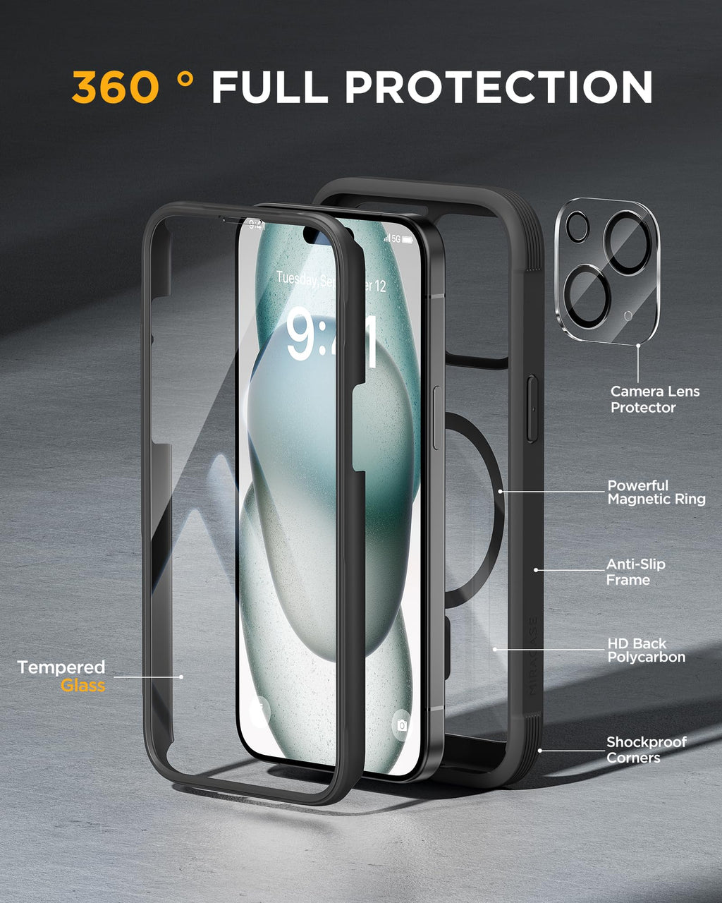 Miracase Magnetic for iPhone 15 Plus Case 6.7'',only for 15 Plus Phone Case Cover with Built-in 9H Tempered Glass Screen Protector,not for Pro/Pro Max,Magnetic Black