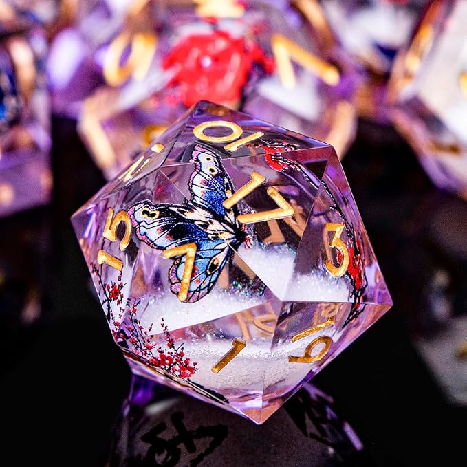 Butterfly DND Dice Purple Liquid Core Dice Set with Metal Box, Handmade Sharp Edge D and D Polyhedral Dice for use with D&D Role Playing Game, D20 D12 D10 D8 D6