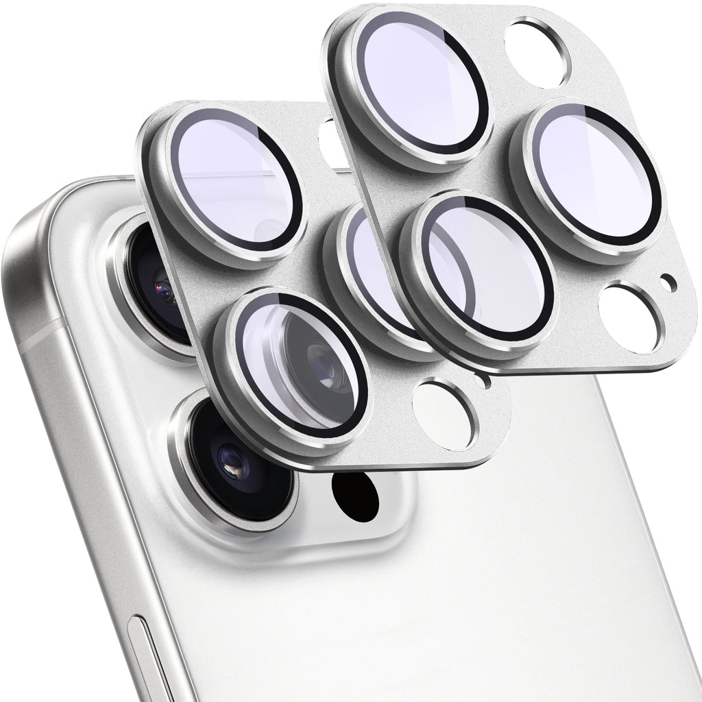 SHANG PIN JIA 2 Pack Camera Lens Protector for iPhone 15 Pro/15 Pro Max,[Not Easy to Breakn ] AR Tempered Glass Strong Adsorption Metal Camera Cover Screen-Silvery