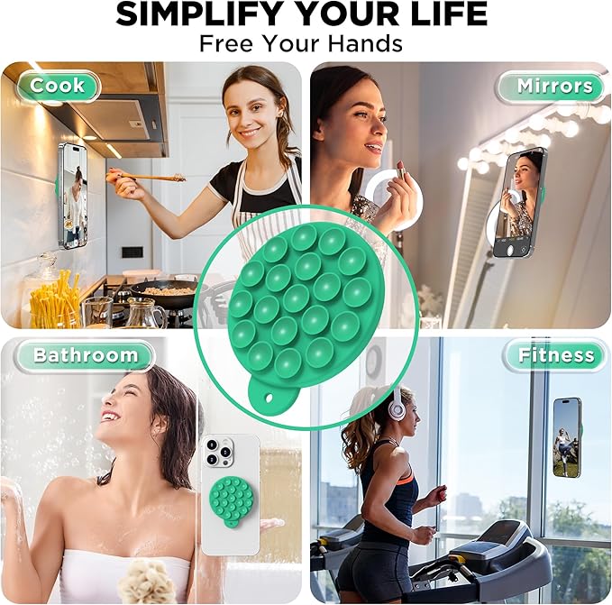 Magnetic Suction Cup Phone Mount for MagSafe Case, Silicone Hands-Free Grip Holder for iPhone and Android, Mirror Shower Phone Stand for Makeup FaceTime Gym Kitchen Bathroom, Emerald Green