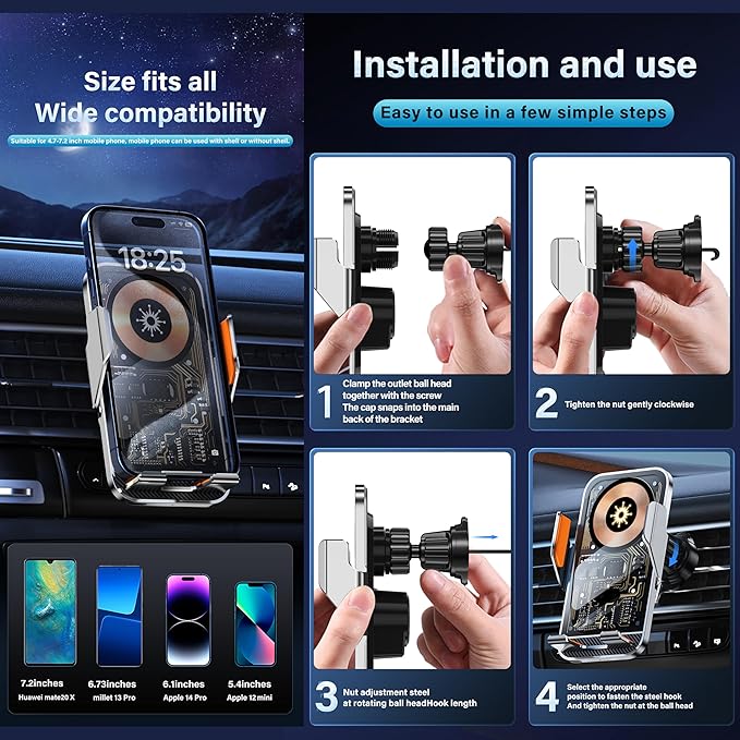 Car Phone Holder Charger Wireless Cell Phone Car Mount - 15W Fast Charging Auto-Clamping Air Vent Car Phone Mount Charger for iPhone 16 Pro Max 16 15 14 13 12 Pro and Sumsung Galaxy Series