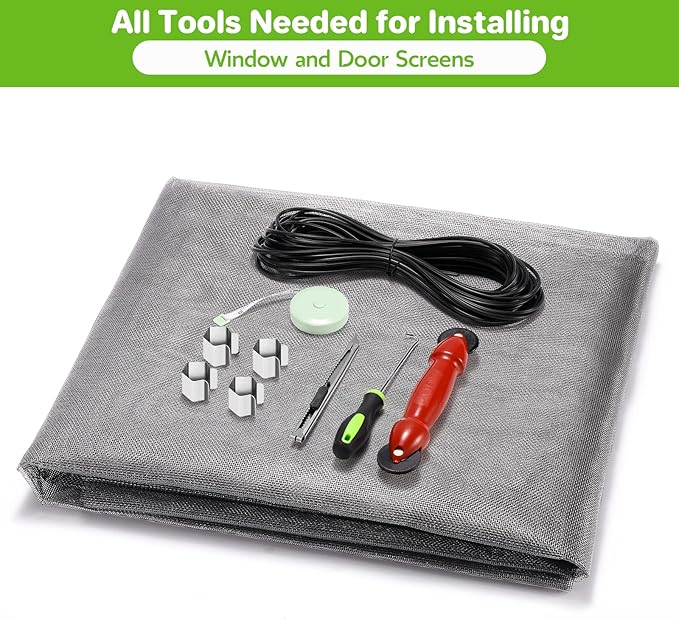FLYZZZ Window Screen Door Repair Kit, 48"x118" Fiberglass Mesh Replacement with Roller Tool/Hook/Spline/Cutter/Clips/Ruler, 7-in-1 Sliding Patio Door & Screen Door Repair Kit, Gray