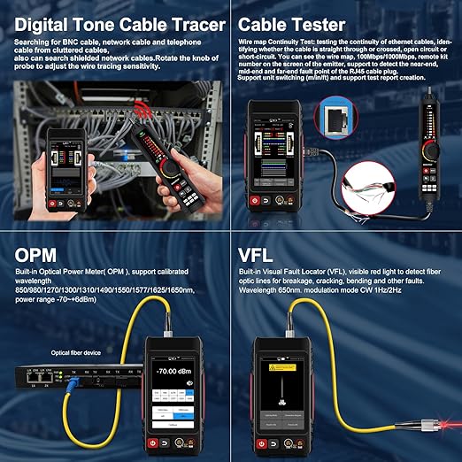 Rechargeable Network Cable Tester, WANLUTECH Tone Generator with Probe Support Digital Multimeter Optical Power Meter Visual Fault Locator Network Test PoE Test Cable Continuity Testing (LT-600M)
