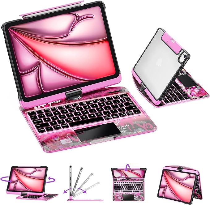GUSGU Transparent Case with Wireless Keyboard only for 2024 iPad Pro 11-in.(M4), 7 Colors Backlight, Trackpad, 360°Rotating Stand for iPad Pro 11(5th Gen), Tech Style