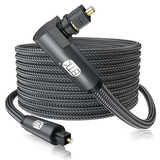 EMK 90 Degree Toslink Optical Cable 360 Degree Free-Rotating Plug Fiber Optic Cable S/PDIF Toslink Male to Male for Home Theater, Sound Bar, TV, PS4, Xbox,Grey (50ft/15m)