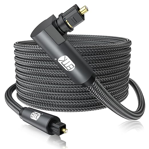EMK 90 Degree Toslink Optical Cable 360 Degree Free-Rotating Plug Fiber Optic Cable S/PDIF Toslink Male to Male for Home Theater, Sound Bar, TV, PS4, Xbox,Grey (30ft/10m)