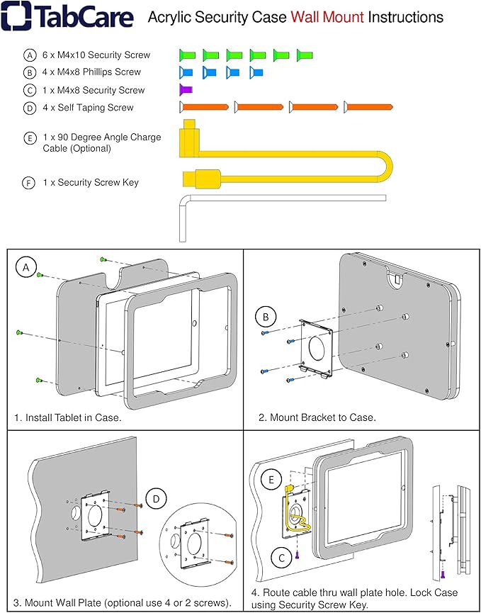 TABcare Anti-Theft Acrylic VESA Enclosure for Apple iPad Pro 12.9" 2018 2020 2021 with Wall Mount Kit & 90-Degree Angle USB C Cable (iPad Pro 12.9" 3/4/5, White)
