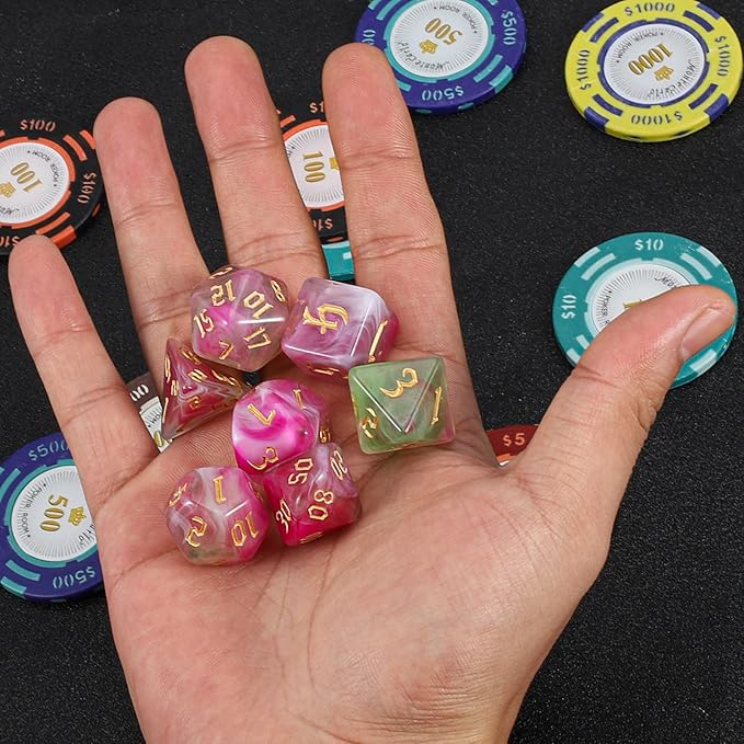 QMAY DND Dice Set -D&D Polyhedral Dice (7 Pcs) for Dungeons and Dragons (Pink Light Green)