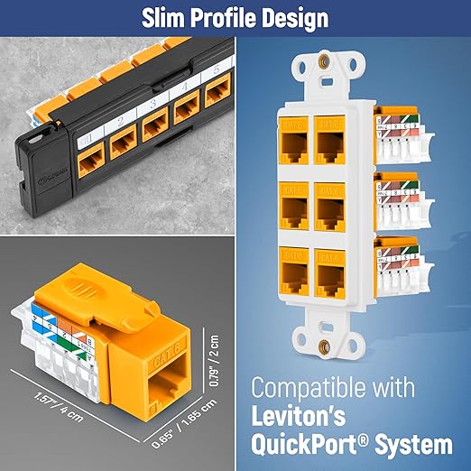 Everest 45° Angled RJ45 Cat6 Keystone Jacks 20-Pack in Yellow - Slim Profile Female RJ45 Connectors - Cat 6 Keystone Jack - Compatible with 45° Angled Speed Termination Tool - 45Term (B0BL3GS7ZY)