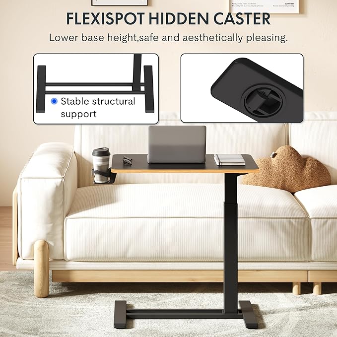 FLEXISPOT Mobile Standing Desk with Wheels Pneumatic Laptop Desk Rolling Computer Cart Movable Height Adjustable Small Sit Stand Desk Computer Workstations Home Use（31.5" W x 17.7" D, Black+Maple