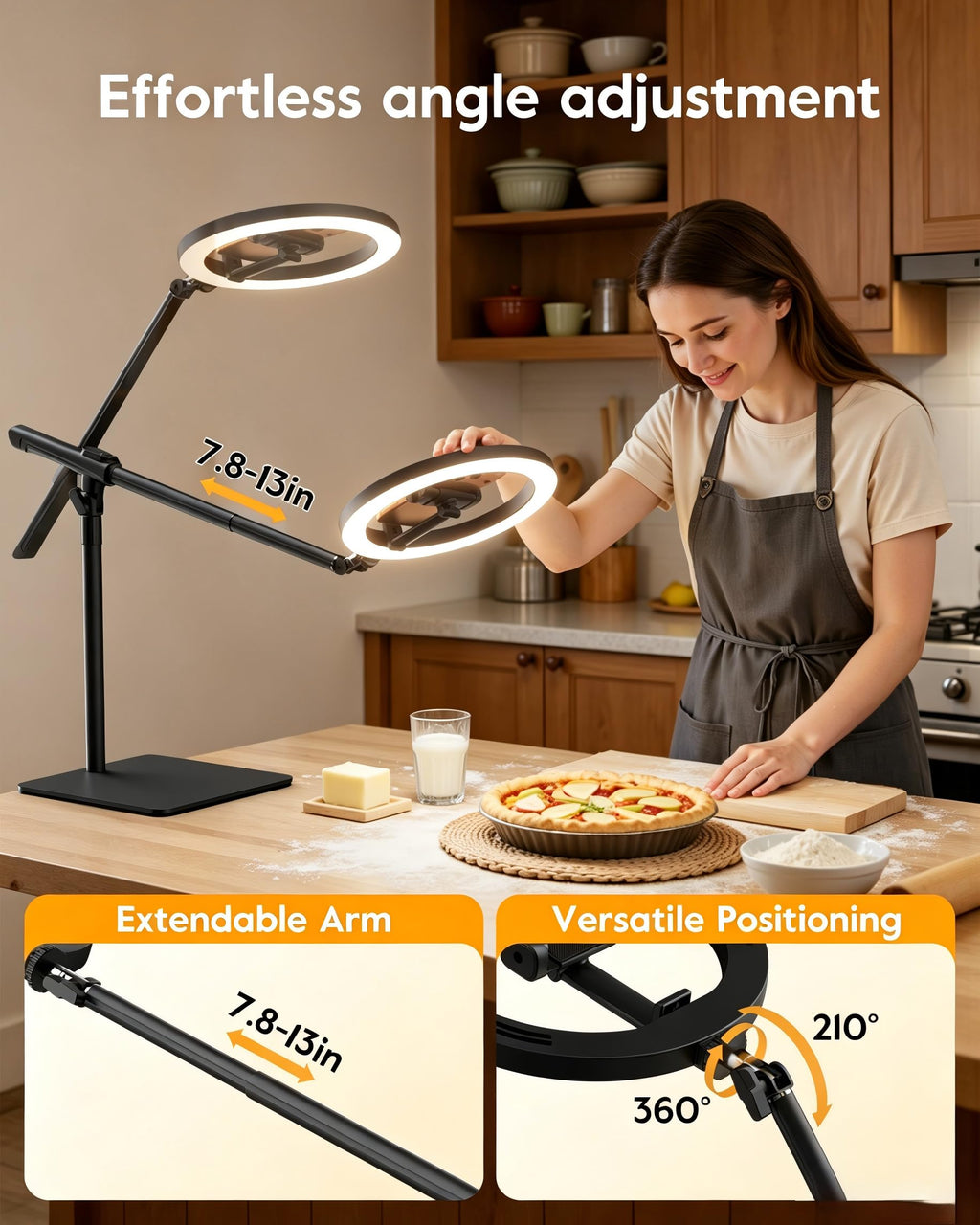 LUXSURE Ring Light with Stand for Desk,Adjustable Overhead Phone Mount with 10" Selfie Light Phone Tripod with Ring Light and Remote, Phone Stand with Light for Video Recording,Live Stream,Cooking